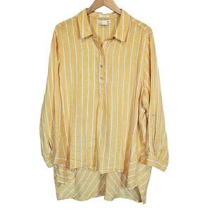 C & C California Yellow Striped Linen High Low Top Blouse Women's Plus 1x Summer